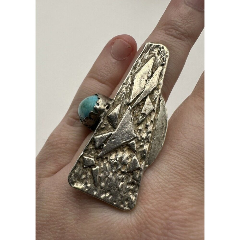 VTG Huge Brutalist Modernist Sterling Silver Turquoise Ring Signed DW Size 8.5